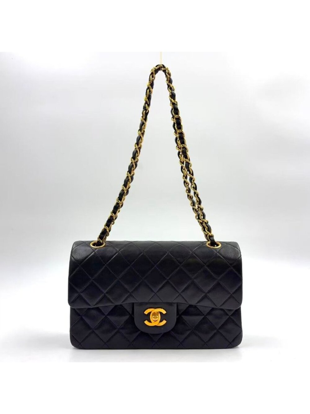 Chanel Quilted Double Flap Lambskin Black Chain Shoulder Bag Gold